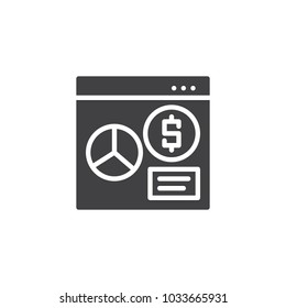Online financial analytics vector icon. filled flat sign for mobile concept and web design. Browser with dollar pie chart simple solid icon. Symbol, logo illustration. Pixel perfect vector graphics