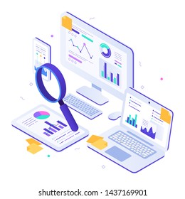 Online Financial Audit. Isometric Website Metrics, Statistical Graphs Dashboards And Web Seo Research. Business Billing Payment Taxes, Online Accounting Payments Or Invoice Pay Tax Vector Illustration