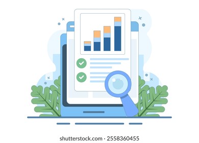 Online financial audit research concept on web analytics device screen, flat digital report analytics, accounting concept or financial sales market statistics inspection or quality evaluation.
