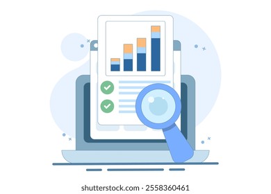 Online financial audit research concept on web analytics device screen, flat digital report analytics, accounting concept or financial sales market statistics inspection or quality evaluation.