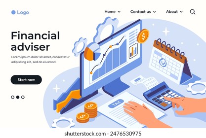 Online financial consultation. Accounting, calculation of income and expenses and payment of taxes. Landing page template with money management advisor. Isometric vector illustration