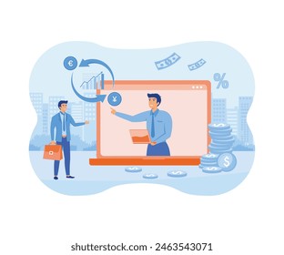 Online Financial Consultation or Advise, Stock Investments Commercial Strategy Consult Service. Businessmen Watching Exchange Rate and Profit Growth. flat vector modern illustration 