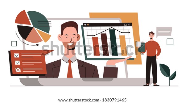 Online financial consulting concept with a\
business analyst who shows graphs and charts on a laptop screen.\
Flat cartoon vector\
illustration