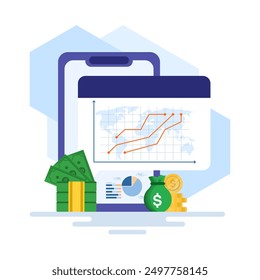 Online Financial Growth Concept, Computer Device with Business Charts on Isolated Background, Growth Stock Diagram, Growth or Success. Financial Items, Business Investments, Financial Market Trading.