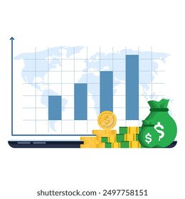 Online-Finanzwachstumskonzept, Computergerät mit Business-Charts auf isoliertem Hintergrund, Wachstum Stockdiagramm, Wachstum oder Erfolg. Finanzartikel, Unternehmensinvestitionen, Finanzmarkthandel.