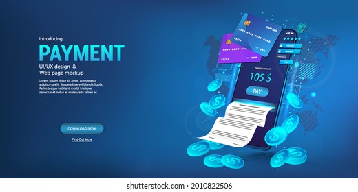 Online financial management, investments, wallet, bill payments, money transfers via smartphone. Credit card and money on the internet. Online shopping, investment in cryptocurrency, cashback. Vector