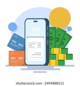 Concepto de pago financiero en línea, teléfono inteligente con factura de Comprobante, tarjeta de débito, compras en línea u otros servicios comerciales, monedas en fondo aislado, ilustración de marketing digital.