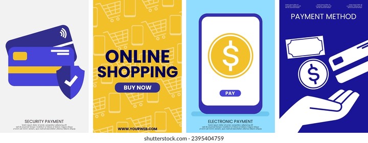 Pago financiero en línea. Conjunto de 4 simples formas planas de iluminación vectorial de fondo. Adecuado para afiches, portadas, web, anuncios, banner social o volante