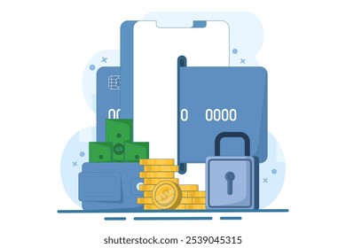 Online financial security concept, Smartphone with payment card, online payment with protection, lock, security for online shopping, gold coins in the background, Digital marketing illustration.