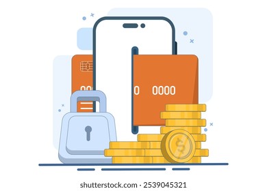 Online financial security concept, Smartphone with payment card, online payment with protection, lock, security for online shopping, gold coins in the background, Digital marketing illustration.