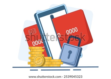 Online financial security concept, Smartphone with payment card, online payment with protection, lock, security for online shopping, gold coins in the background, Digital marketing illustration.