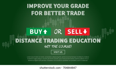 Online financial trading education vector illustration. Web banner remote education for traders graphic design. Promotion banner with dark green blackboard creative concept.
