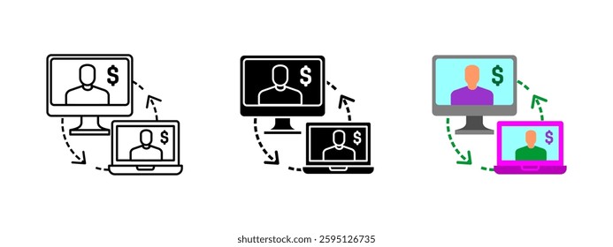 Online financial transaction icon. Digital payment exchange between computer and laptop screens. Symbol of internet banking, fintech and global finance. Secure money transfer concept.