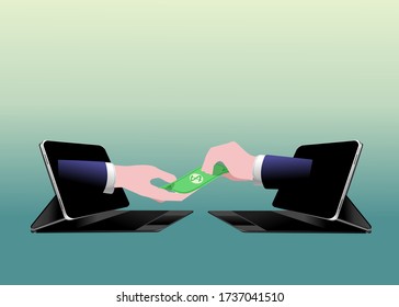 Online financial transactions. The hands of two people are paying and receiving money through a laptop. Giving money.