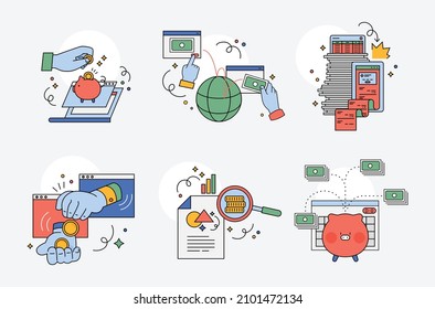 Online Financial Wealth Management Concept Icons Collection. Flat Design Style Vector Illustration.