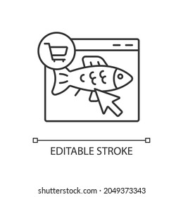 Online fish order linear icon. Purchase fresh seafood products on internet. Wide products range. Thin line customizable illustration. Contour symbol. Vector isolated outline drawing. Editable stroke