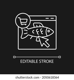 Online fish order white linear icon for dark theme. Purchase fresh seafood products on internet. Thin line customizable illustration. Isolated vector contour symbol for night mode. Editable stroke