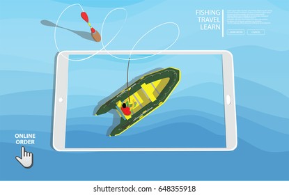 Online fishing fisherman in green and yellow boat