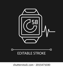Online fitness activity tracker white linear icon for dark theme. Heartbeat meter device. Thin line customizable illustration. Isolated vector contour symbol for night mode. Editable stroke