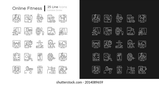 Online Fitness Apps Linear Icons Set For Dark And Light Mode. Health And Wellness Body State. Virtual Training. Customizable Thin Line Symbols. Isolated Vector Outline Illustrations. Editable Stroke