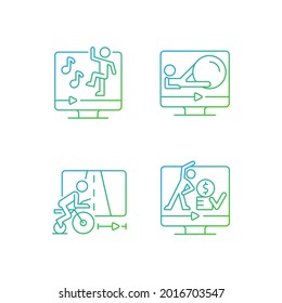 Online fitness athletic trainings gradient linear vector icons set. Virtual core ball, dance and cycling workouts. Thin line contour symbols bundle. Isolated vector outline illustrations collection