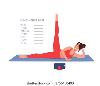 Online Fitness Class Schedule Template. Girl Goes In For Sports At Home, Video Conference On The Phone. A Woman Does Stretching. Gym, The Coach Conducts Workout On The Internet Using Gadgets. Vector