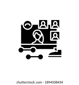 Online fitness classes glyph icon. Sport Meeting together concept. Internet streaming website. Social distanced gym. Public live stream physical training. Isolated silhouette vector illustration