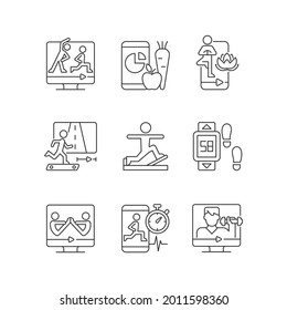 Online fitness classes linear icons set. Virtual coaching. Nutrition tracker. Pilates workout. Customizable thin line contour symbols. Isolated vector outline illustrations. Editable stroke