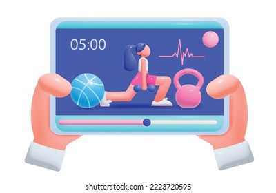 Online fitness coach cartoon concept with human hands holding tablet with woman doing workout on screen vector illustration