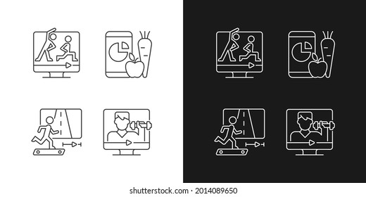 Online fitness coach linear icons set for dark and light mode. Virtual jogging marathon. Home sport classes. Customizable thin line symbols. Isolated vector outline illustrations. Editable stroke