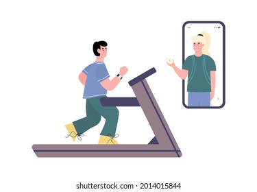 Online fitness coach and personal training concept with man getting instruction of online trainer, flat vector illustration isolated on white background.