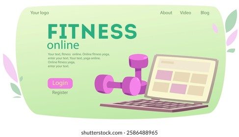 Online fitness concept. Landing page for website design with notepad and attributes for fitness. Online yoga concept. Online fitness with instructor at home web banner, landing. Vector flat 