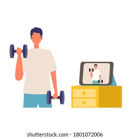 Online fitness concept. Work out via monitor, laptop, tablet. Vector illustration of a man working out in his home. Working out at home.
