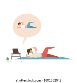 Online fitness concept. Work out via monitor, laptop, tablet. Vector illustration of a woman doing bodyweight training in her home. Working out at home.