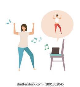 Online fitness concept. Work out via monitor, laptop, tablet. Vector illustration of a woman dancing in her home. Working out at home.