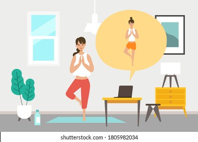 Online fitness concept. Work out via monitor, laptop, tablet. Vector illustration of a woman doing yoga in her home. Working out at home.