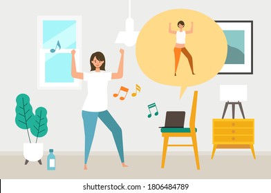 Concepto de fitness en línea. Trabajar a través de monitor, laptop, tablet. Imagen vectorial de una mujer bailando en su casa. Trabajando en casa.