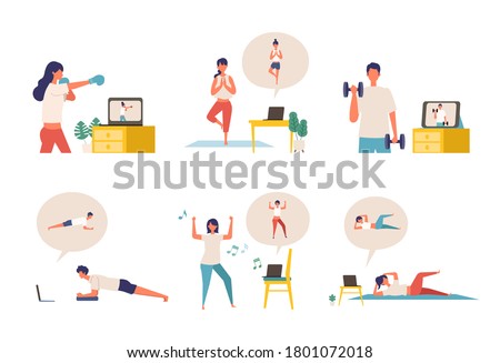 Online fitness concept. Work out via monitor, laptop, tablet. Vector illustration of a people relaxing in their home. Collection of people working out at home.