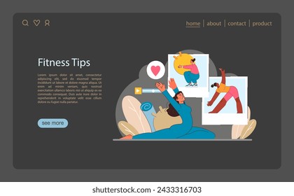 Online Fitness Guidance concept. An animated figure follows workout routines from fitness videos, symbolizing the virtual trend in health and exercise. Flat vector illustration.