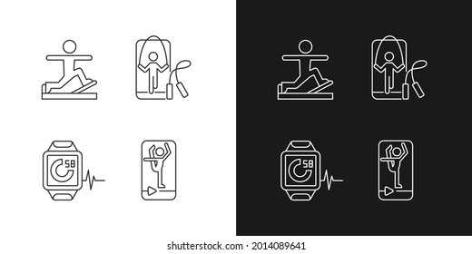 Online fitness gym trends linear icons set for dark and light mode. Stretching and jumping. Fitness tracker. Customizable thin line symbols. Isolated vector outline illustrations. Editable stroke