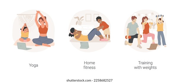 Juego de ilustraciones vectoriales de dibujos animados aislados de aptitud en línea. Mamá feliz con niños pequeños practicando yoga en línea, fitness en casa, entrenamiento con pesas, entrenamiento virtual, actividad física vectorial caricatura.