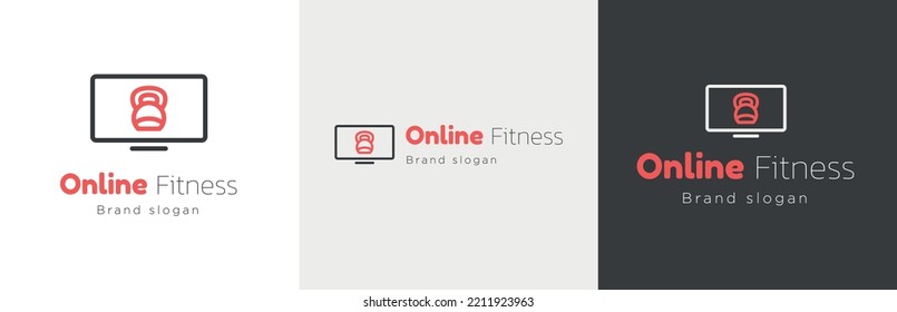 Online Fitness Lesson Logo Design Set, Digital Workout Program Business Symbol, Gym Video Lesson Emblem Concept, Web Exercise Instructor Editable Commercial Logotype, Aerobics Kettlebell Branding