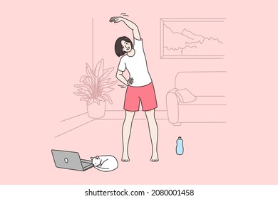 El concepto de fitness en línea y estilo de vida. Niña sonriente haciendo ejercicio deportivo en casa durante una lección en línea con ilustración vectorial portátil 