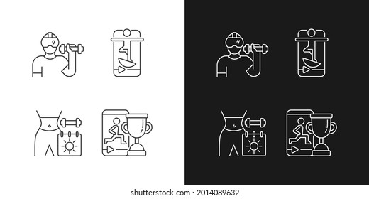 Online fitness marathons and challenges linear icons set for dark and light mode. Way skill improvement. Customizable thin line symbols. Isolated vector outline illustrations. Editable stroke