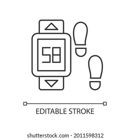 Online Fitness Pedometer Device Linear Icon. Walking Style. Step Count Display. Thin Line Customizable Illustration. Contour Symbol. Vector Isolated Outline Drawing. Editable Stroke