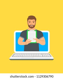 Online fitness trainer concept. Vector flat illustration. Young man gym instructor holds a clipboard with training program. Weight loss plan using computer. Healthy lifestyle support by web