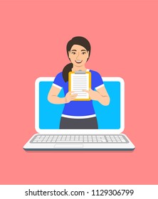 Online fitness trainer concept. Vector flat illustration. Young asian woman gym instructor holds a clipboard with training program. Weight loss plan using computer. Healthy lifestyle support by web