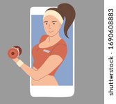 Online fitness trainer. Girl with dumbbells on the phone screen. Training via Internet video call. Vector flat illustration.