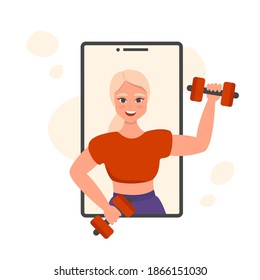 Online fitness trainer. Girl with dumbbells on the phone screen. Training via Internet video call. Stay active at home. Sport online. Vector flat illustration.