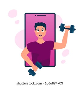Online fitness trainer. Man with dumbbells on the phone screen. Training via Internet video call. Stay active at home. Sport online. Vector flat illustration.